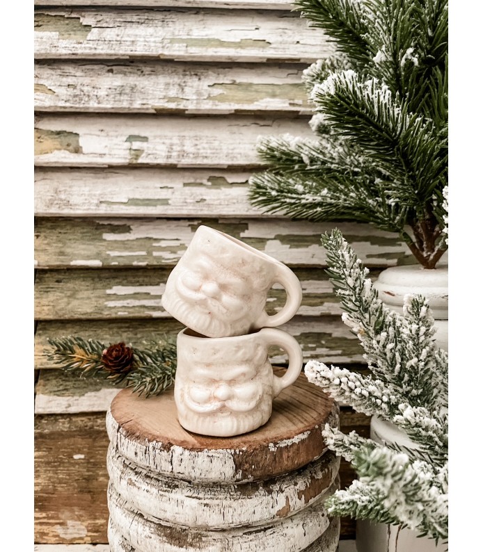 Vintage White Napco Mini Santa Mug - Set of 2, Creamy white, crazedHoliday Copy