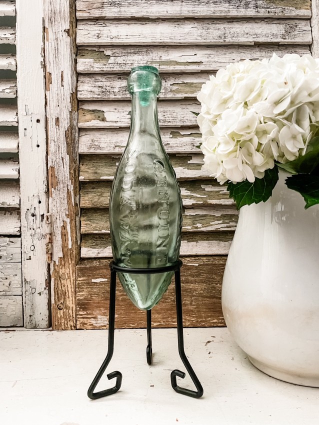 Large Antique British Torpedo Bottle w/ Iron Stand & Glass topper, Aqua Glass, Rare Find