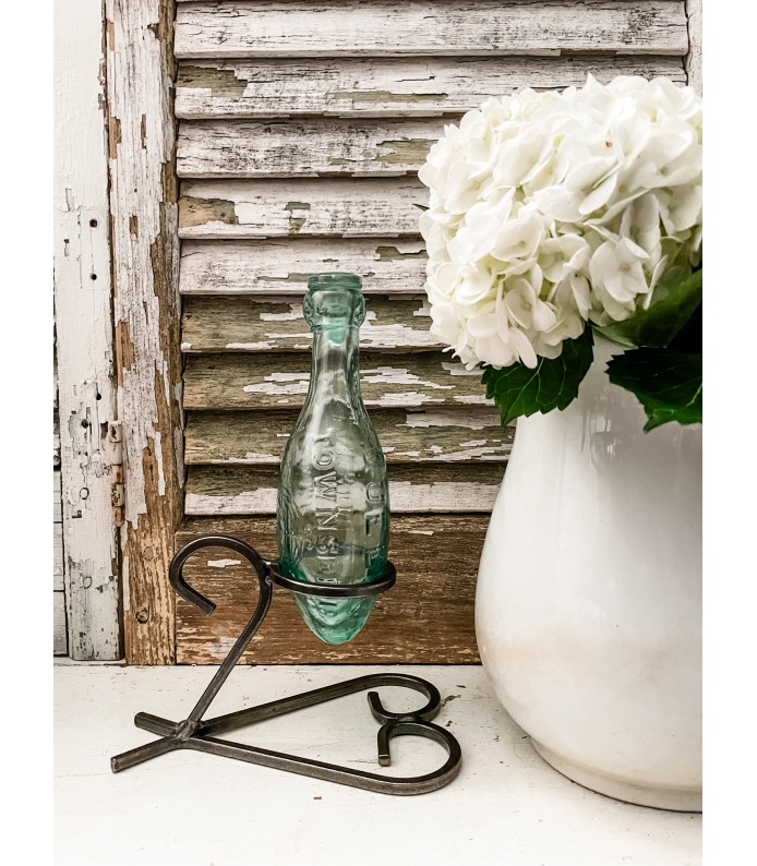 Antique British Torpedo Bottle w/ Iron Stand & Glass topper, Aqua Glass, Rare Find