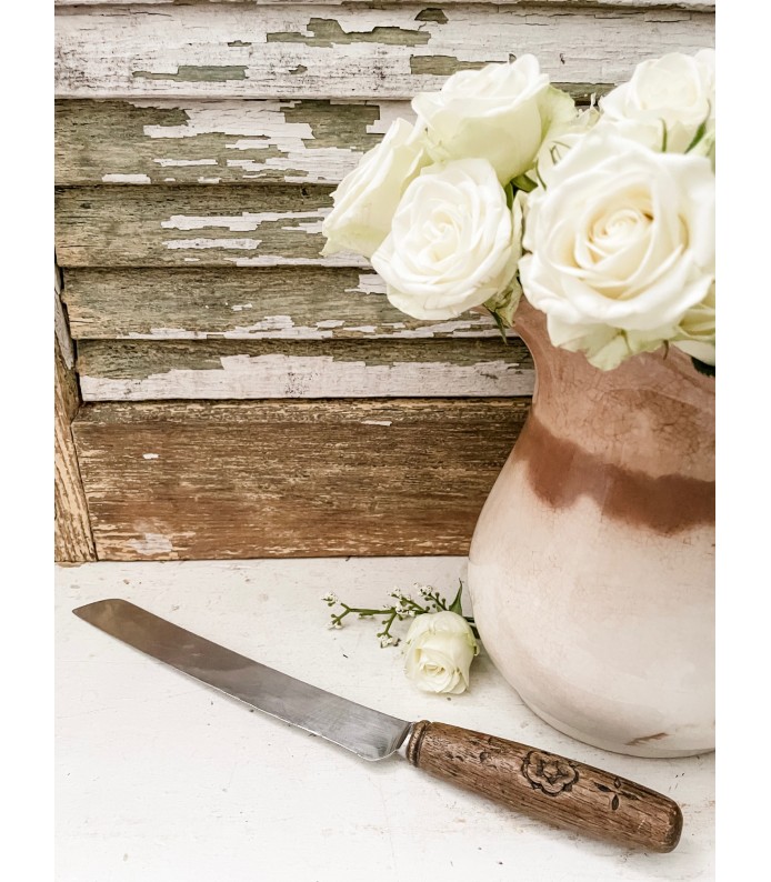 Antique English Wood Bread Knife - Hand Carved, Beautiful dark wood, floral design, Stamped 