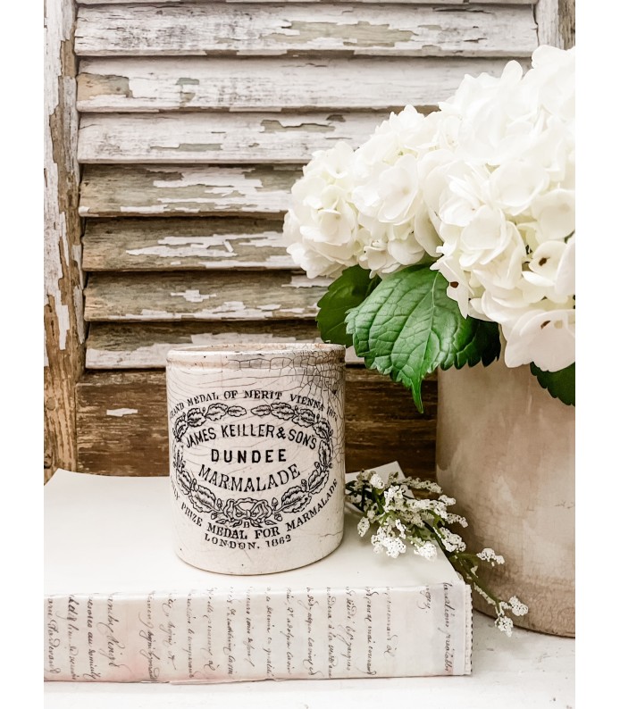 Antique English- James Keiller Dundee Marmalade 1# Ironstone crock - Crazed, Grey/White coloring