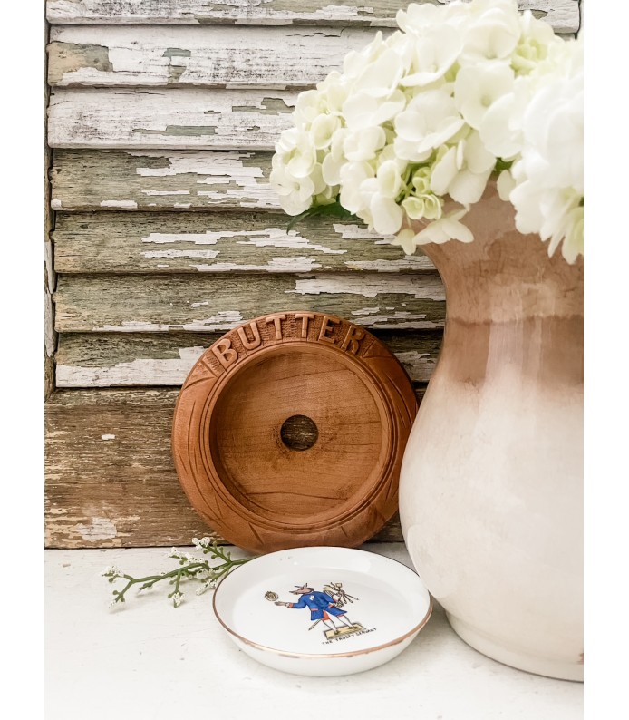 Antique English, Rare Wood Butter Board w/ The Trusty Servant plate - 