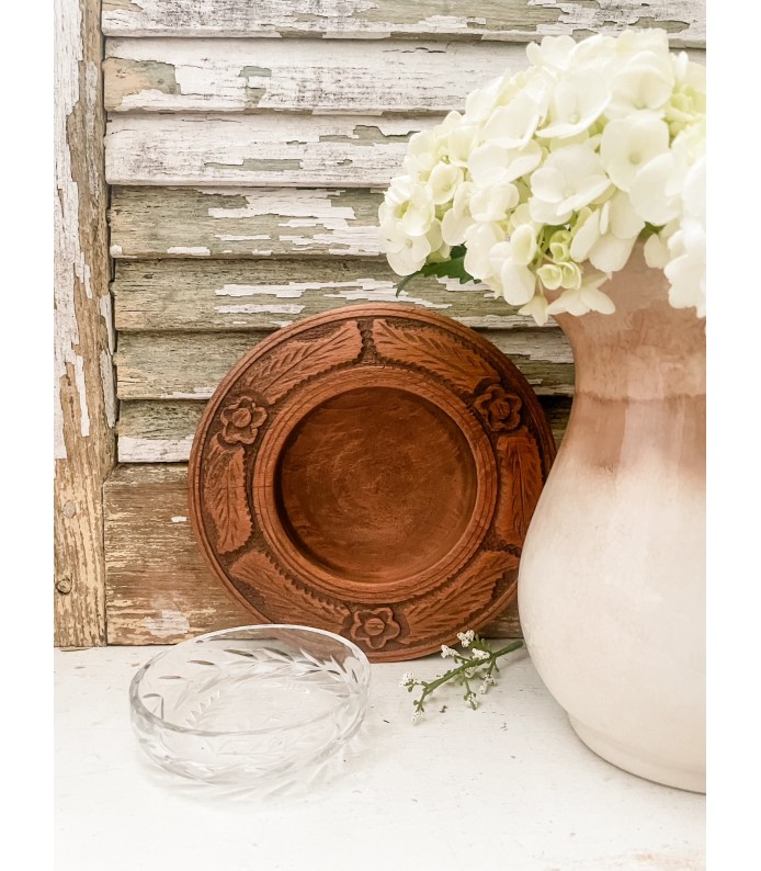 Antique English Wood Butter Board w/ Glass plate - Hand Carved - 8