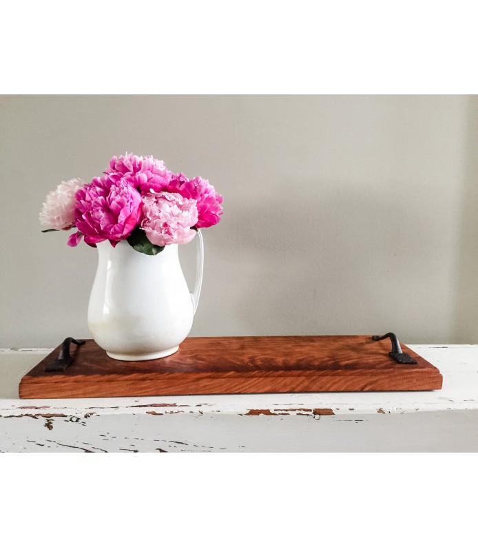 Cherry Wood Tray with Cast Iron Handles. Size 27 x 8