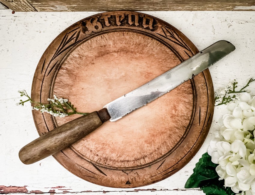 Antique English Bread Knife - Dark Wood Handle, stamped