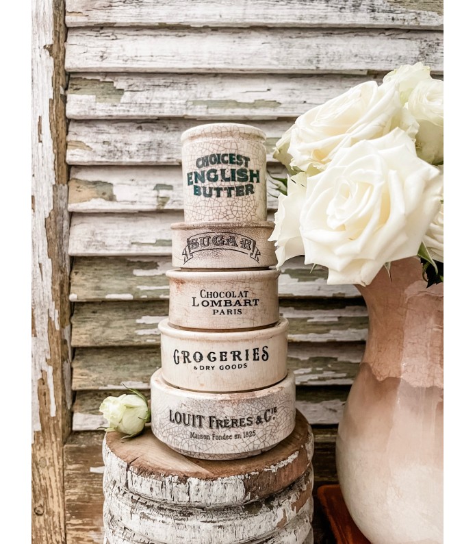 Antique English- Ironstone riser stack of 5 w/ Choicest English Butter Pot - An Instant Collection 