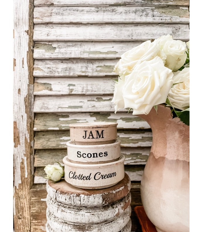 Antique English- Ironstone riser stack of 3 w/ Jam, Scones, Clotted Cream transfers - An Instant Collection 