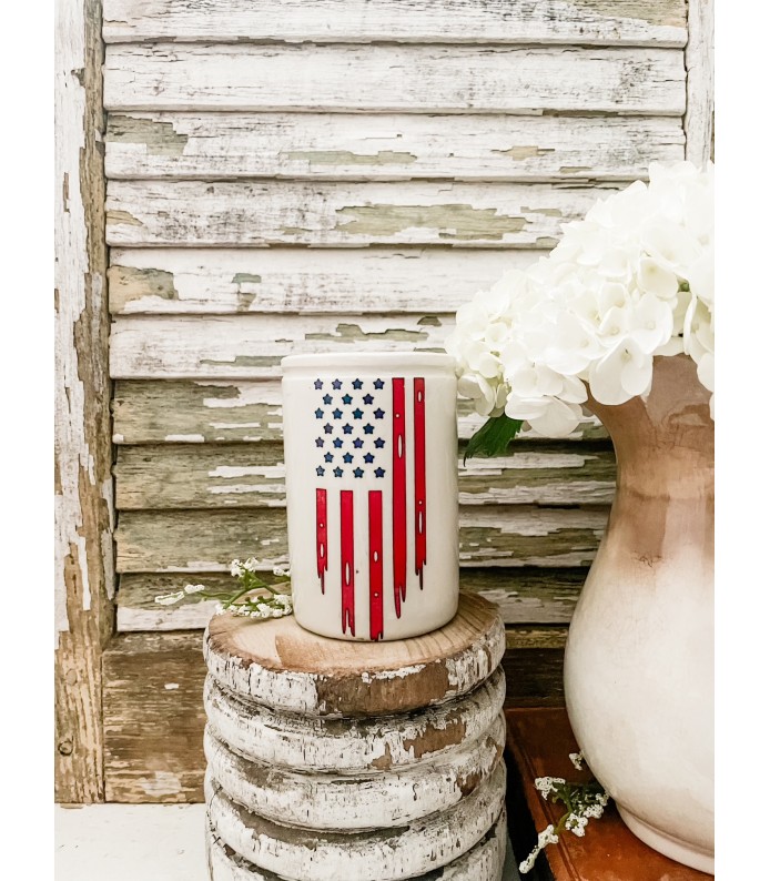 Antique/Vintage 1# thin Ironstone crock w/ Flag transfer - Summer LTD  