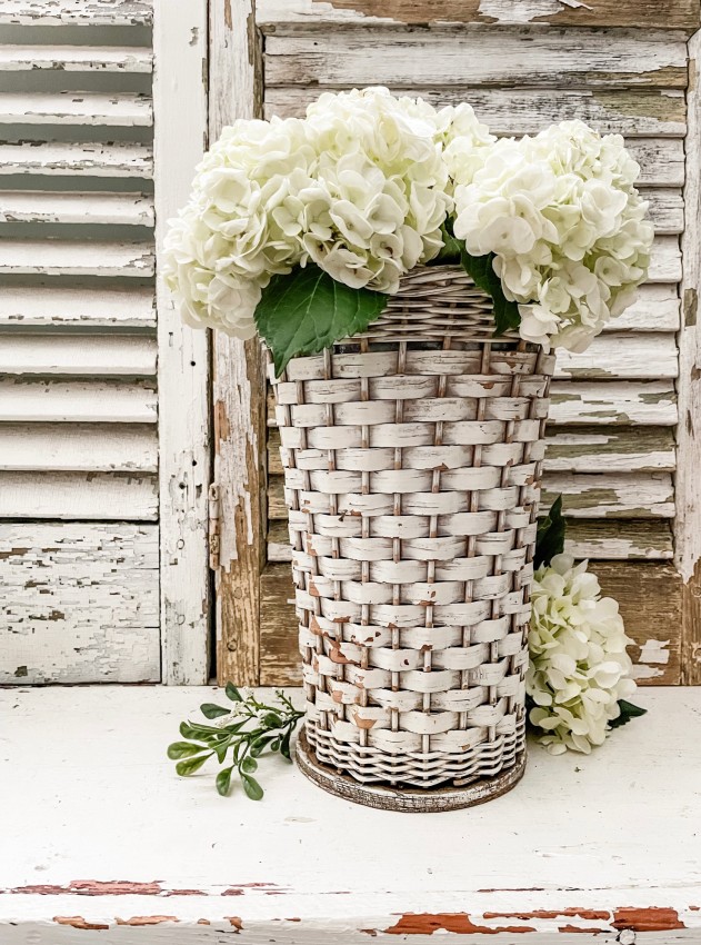 Antique Victorian Wicker/Wood Basket Vase w/ original tin liner, Tabletop - Chippy White