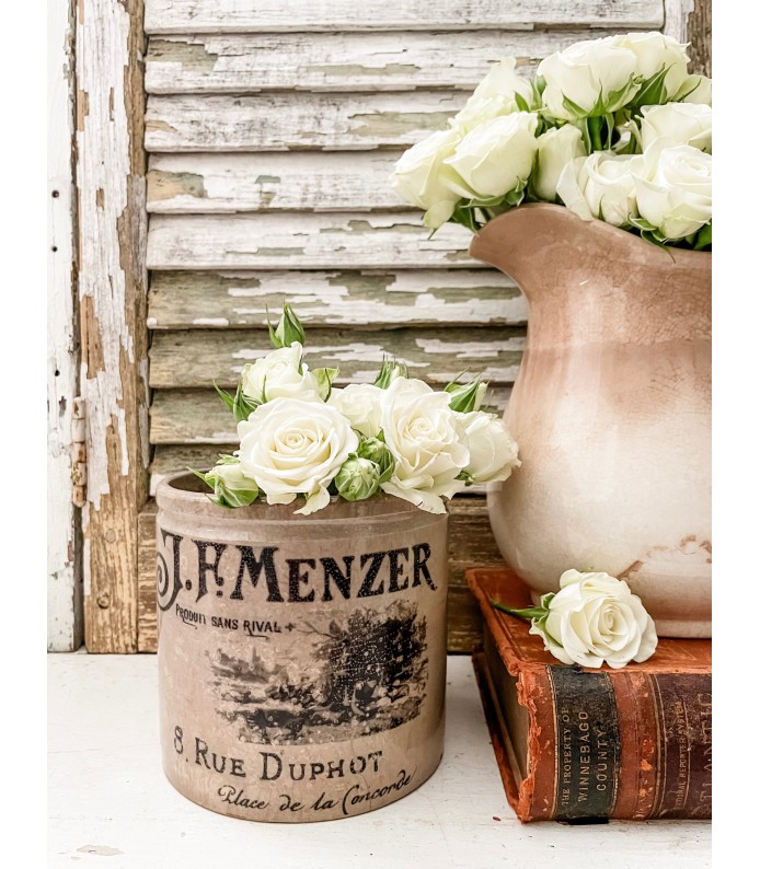 Antique Ironstone 4lb. Pot w/ J.F. Menzer, French transfer - Beautiful coloring/staining