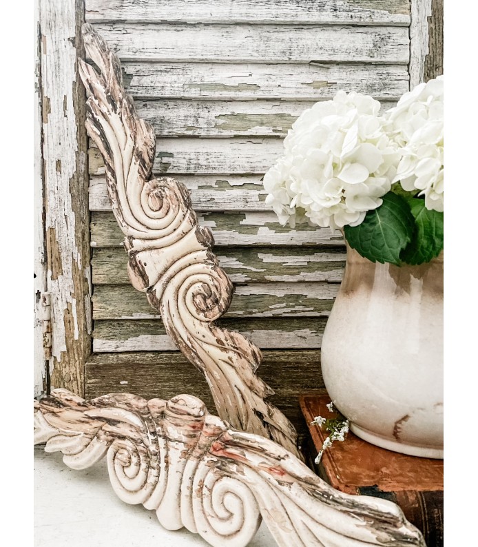 Vintage Architectural Salvage , Solid Wood Applique, Distressed White
