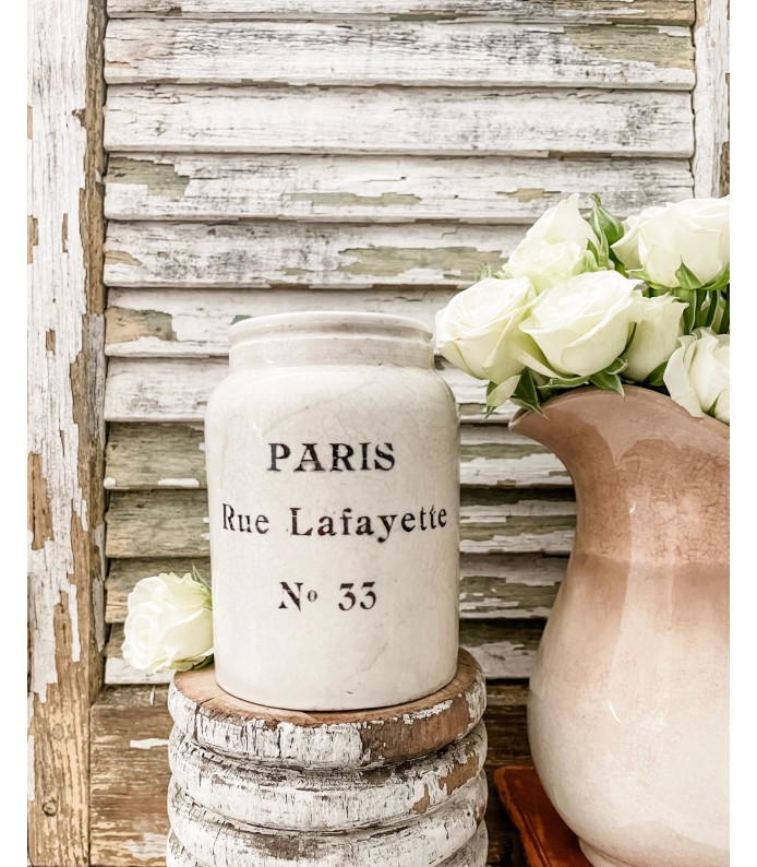 Antique Ironstone Lidded 2lb Crock w/ Paris transfer, Rolled Shoulder 