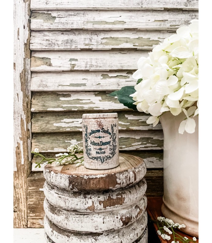 Antique Ironstone crock w/ Julien Damoy Transfer. Train size, Very heavy crazing, some staining 