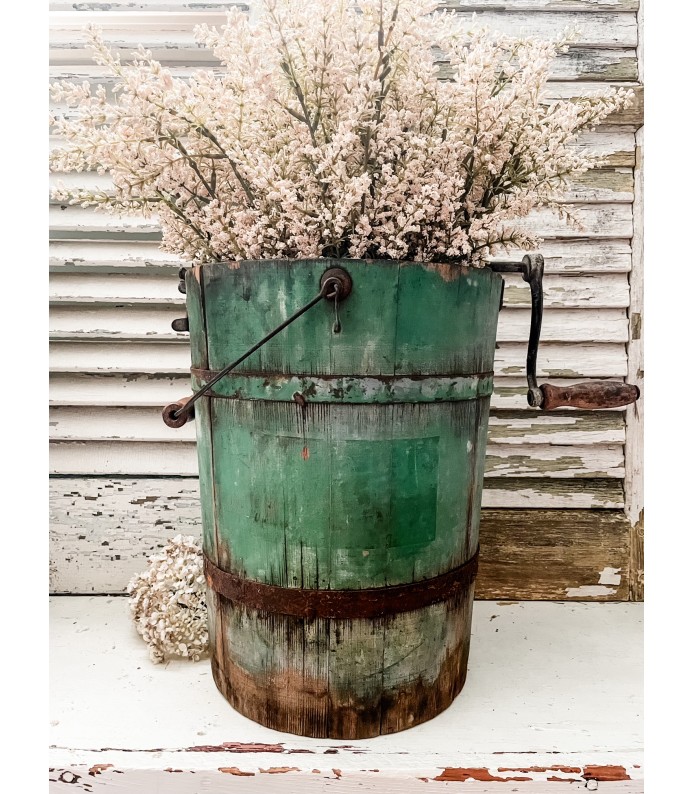 Vintage Chippy Green Ice Cream Bucket w/Hand Crank - Great Hardware and Patina