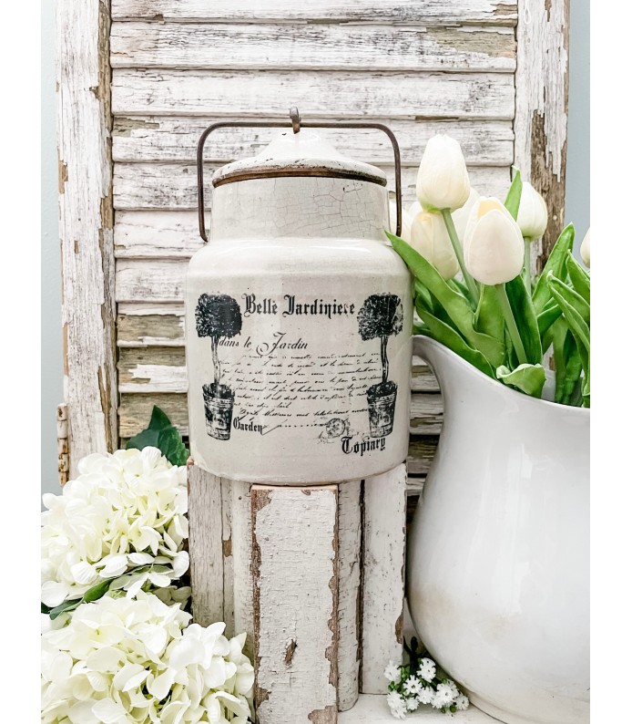 Antique/Vintage Large Lidded Stoneware crock w/ Belle Jardiniere transfer 