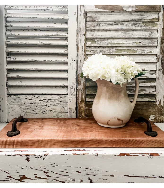 Hickory Wood Tray with Cast Iron Handles. Size 24 x 8.5 