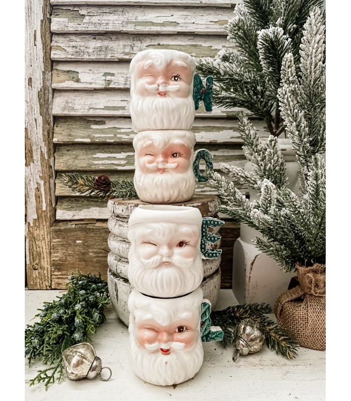 Vintage NOEL Santa Mug set - Set of 4 Winking Mugs, Chippy - LTD 