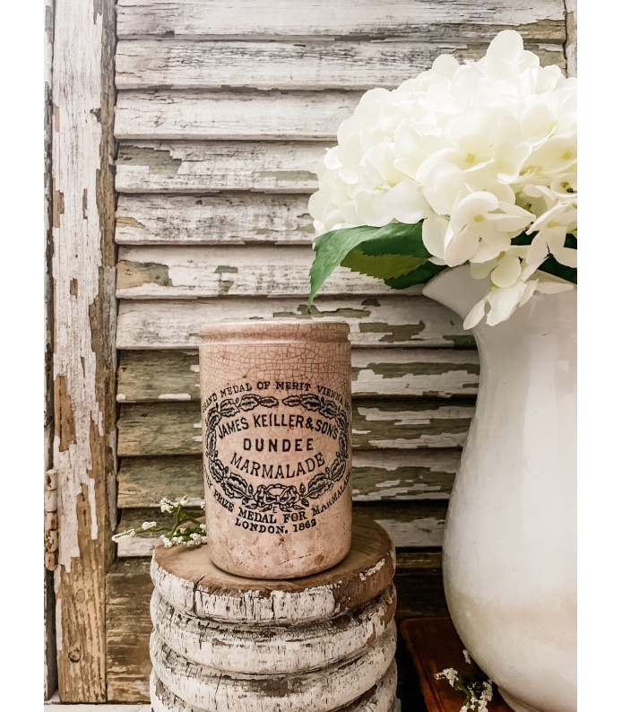 Antique English - James Keiller Dundee Marmalade 1# thin Ironstone crock - Heavy Staining/Crazing