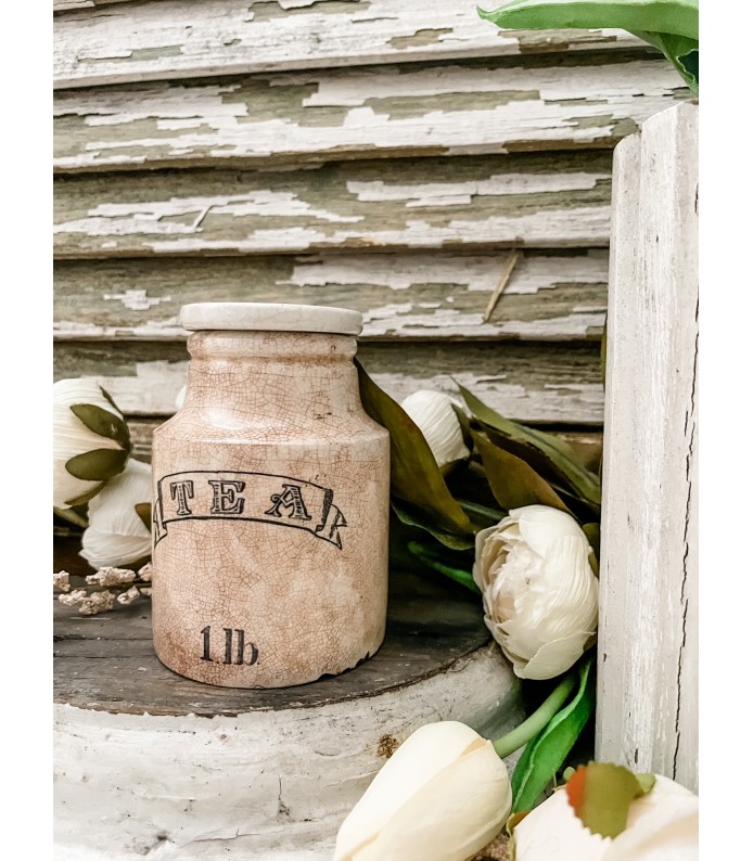 Antique English-Ironstone lidded 1lb Shapely Pot w/ TEA transfer, Heavily Crazed 