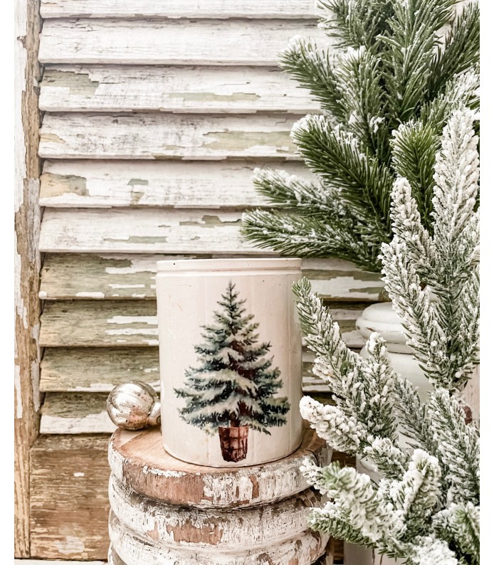 Antique Ironstone 1lb Ridged Crock w/ Tree transfer - Holiday 