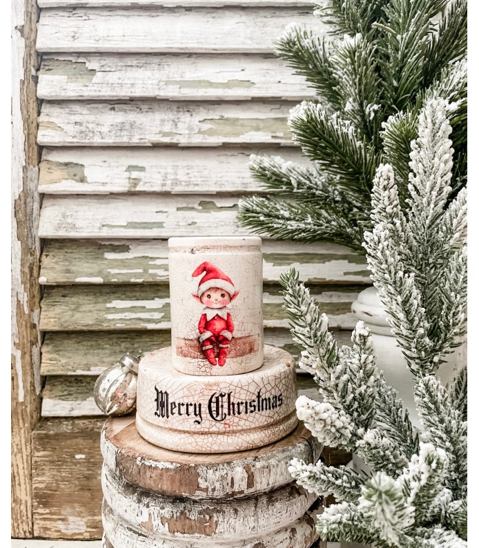 Antique Ironstone Set - Merry Christmas Lift & Crock w/ Elf transfer - Holiday