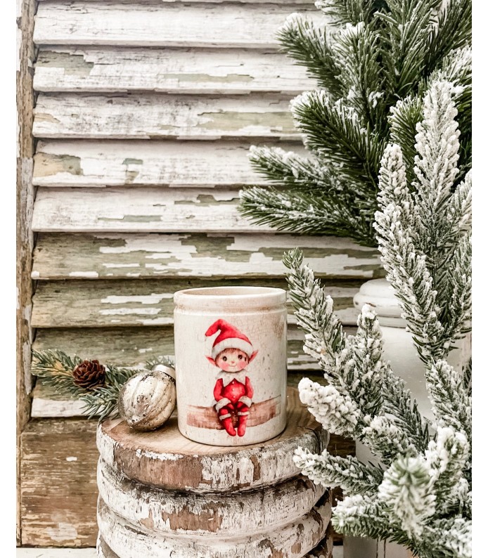 Antique Ironstone Crock w/ Elf transfer - Holiday
