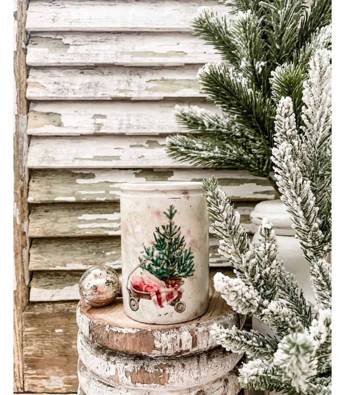 Antique Ironstone 8oz. Crock w/ Wagon & Tree transfer - Holiday 