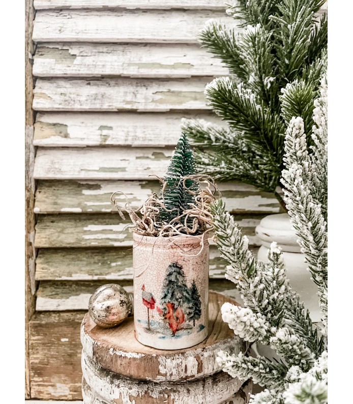 Antique Ironstone Crock w/ Fox/Birdhouse transfer - Holiday 
