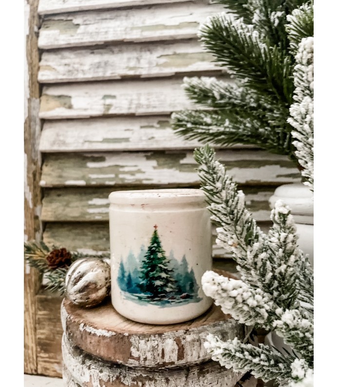 Antique Ironstone 4oz. Crock w/ Trees & Star transfer - Holiday