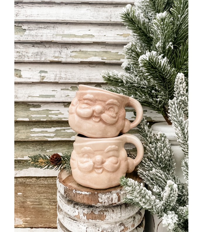 Vintage White Holt Howard Santa Mugs - Heavily Stained, Crazed - Holiday