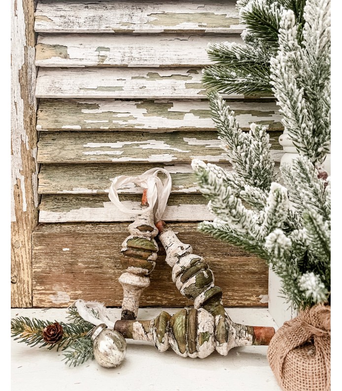 Vintage Architectural Salvage Chippy White/Green Spindle Ornaments w/ Cream Ribbon - Holiday