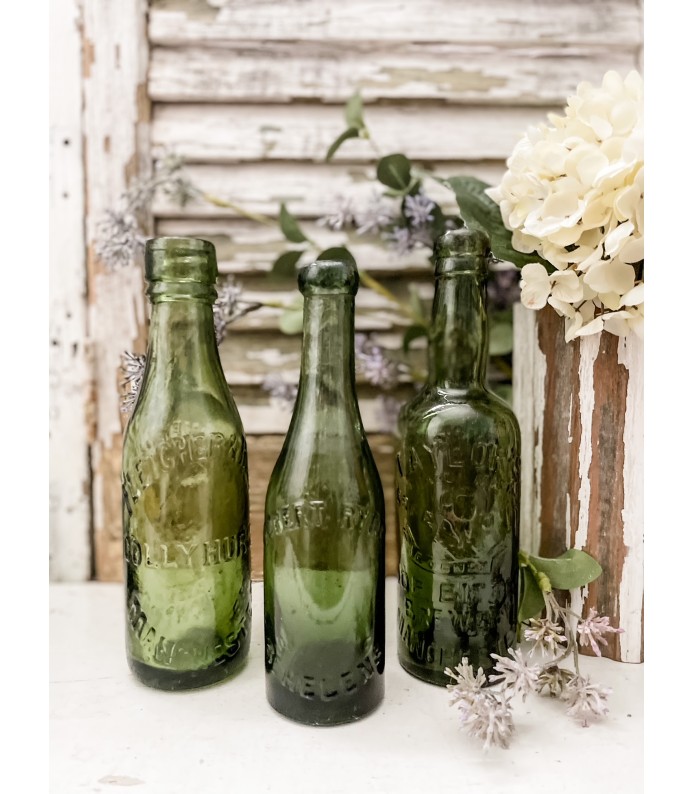Antique English Green Glass Bottles - set of 3