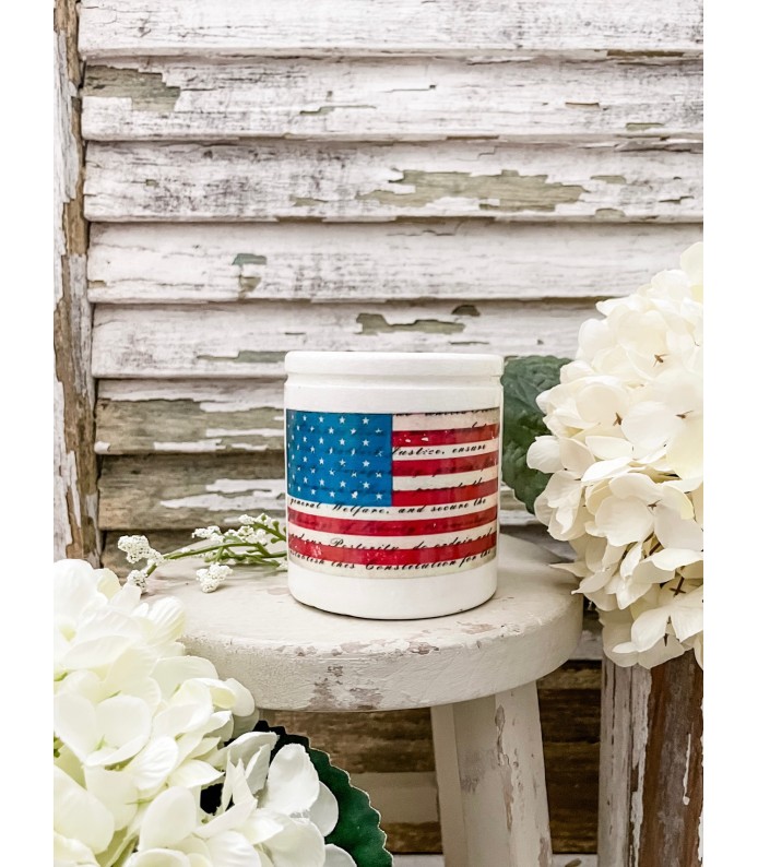 Antique/Vintage Ironstone 8oz. crock w/ Flag transfer 