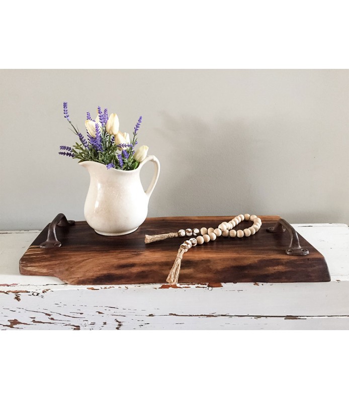 Live edge Walnut Tray with Cast Iron Handles. Size 26 x 13